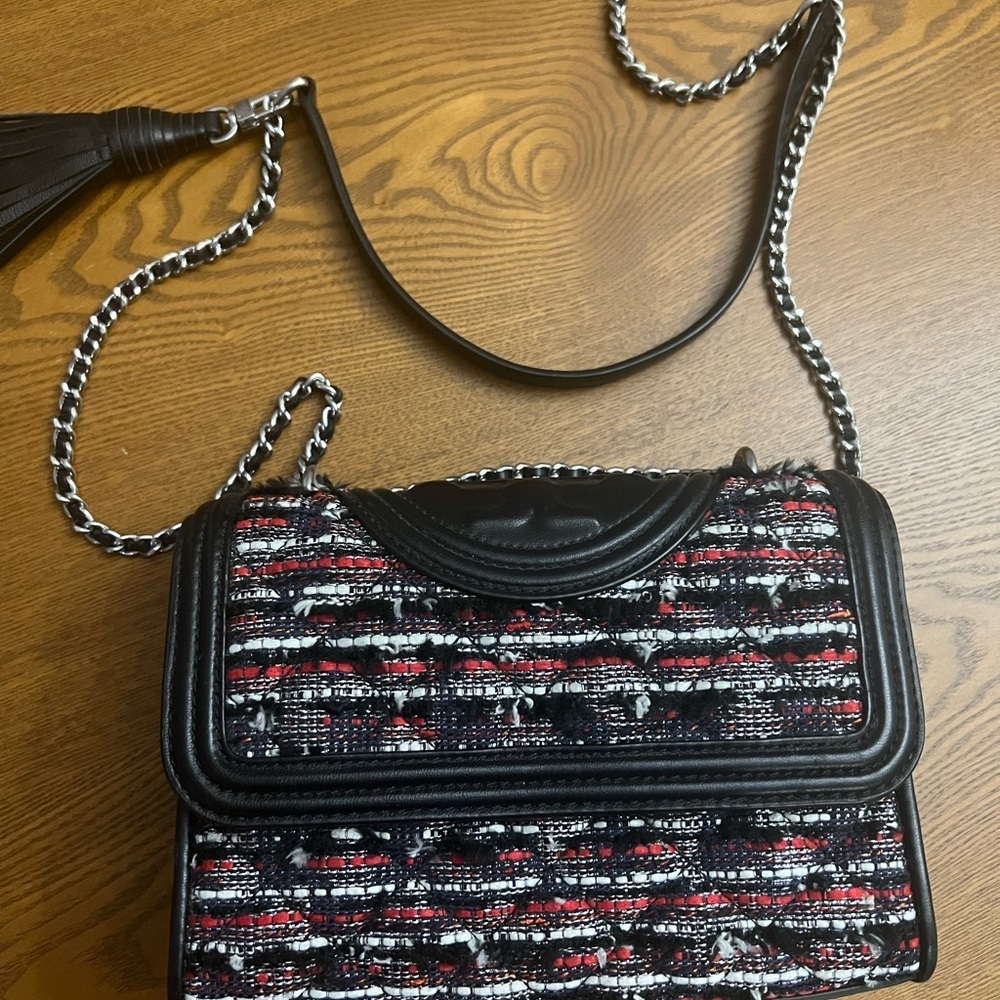 TORY BURCH Small Fleming Tweed Black Convertible Shoulder Bag